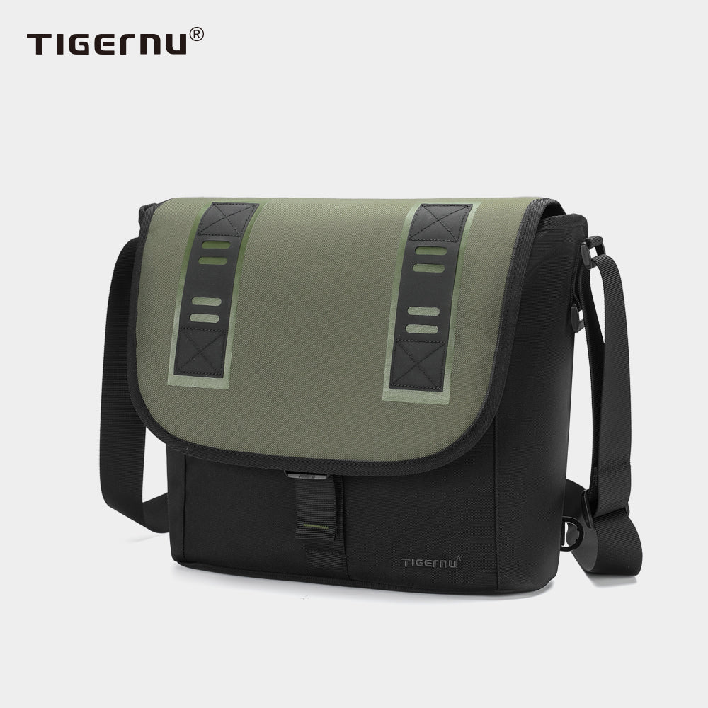 Side view of a black crossbody bag with model T-S8119