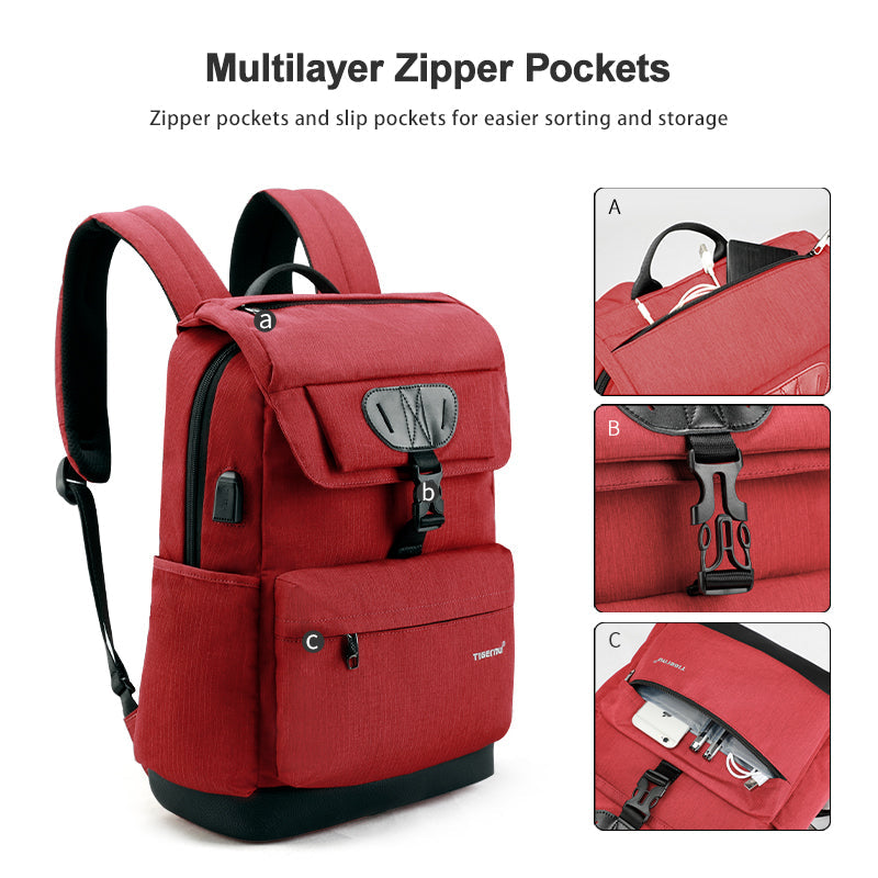Mochila escolar Tigernu de moda para mujer, roja, con carga USB, antirrobo, para adolescentes y niñas, para portátil de 15,6 pulgadas