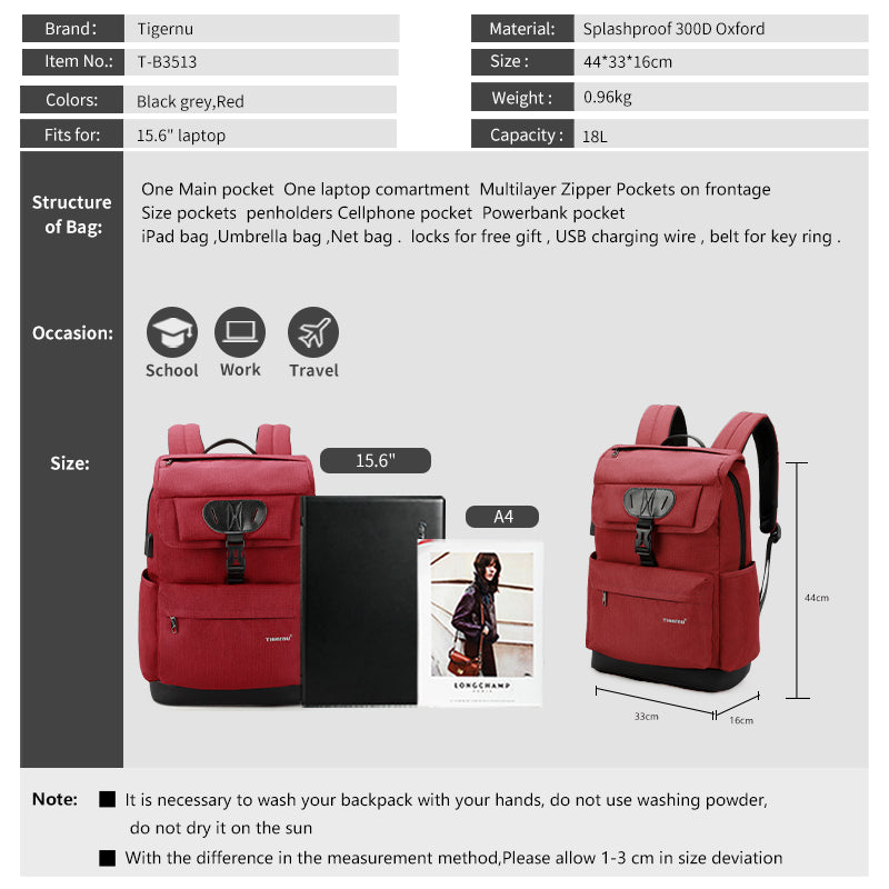 Mochila escolar Tigernu de moda para mujer, roja, con carga USB, antirrobo, para adolescentes y niñas, para portátil de 15,6 pulgadas