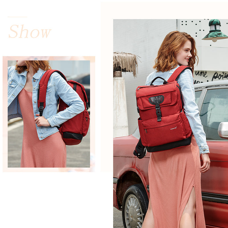 Mochila escolar Tigernu de moda para mujer, roja, con carga USB, antirrobo, para adolescentes y niñas, para portátil de 15,6 pulgadas