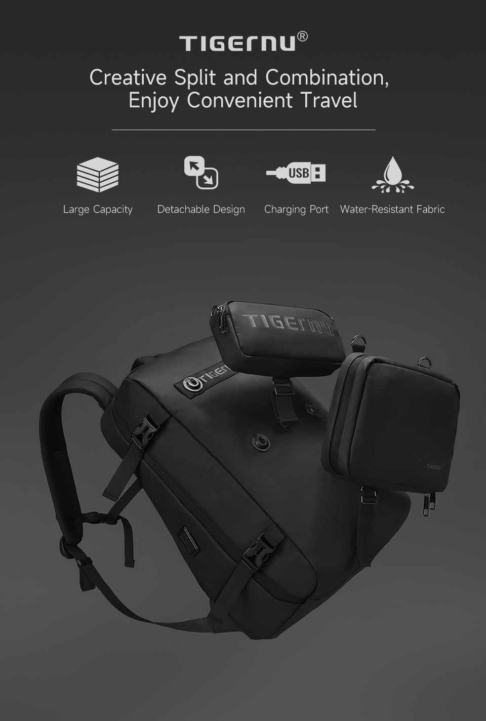 Tigernu brand new T-B9836 Large capacity Charging Port Detachable Style Multi-functional Backpack